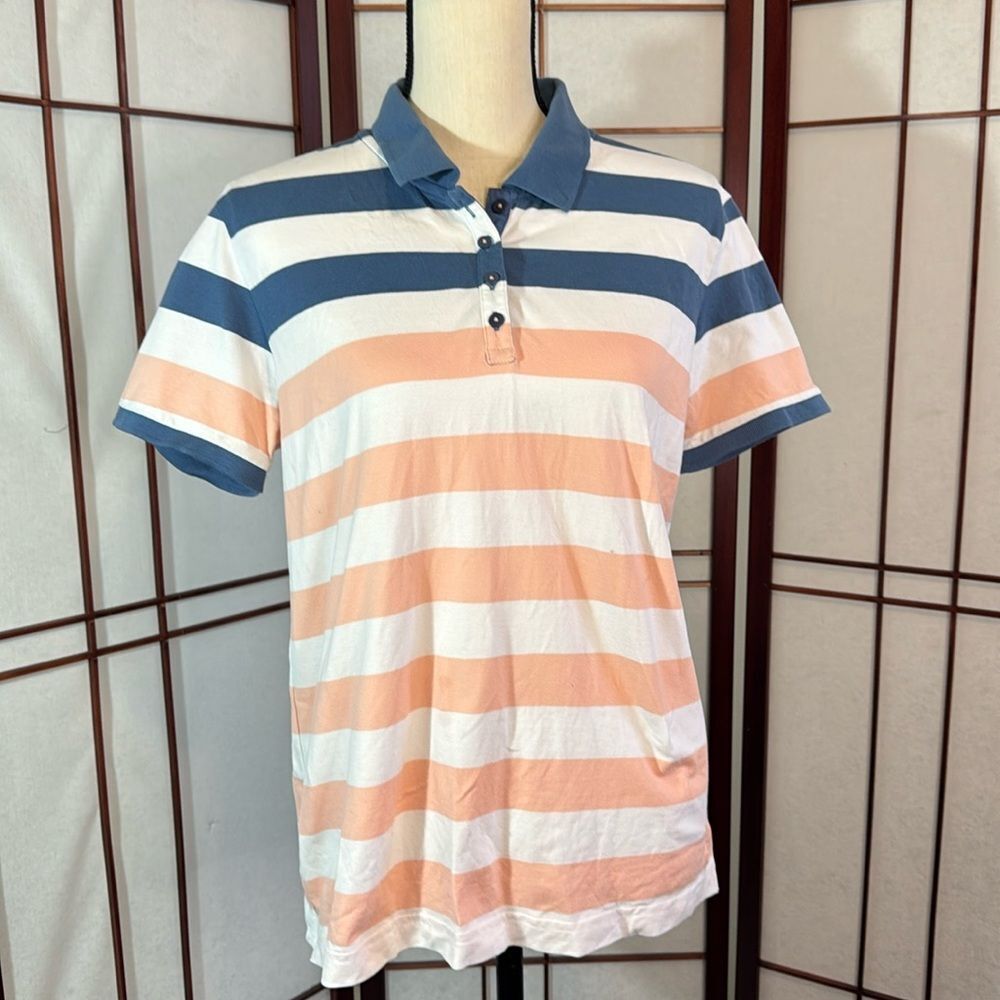 Orvis blue and peach stipe polo